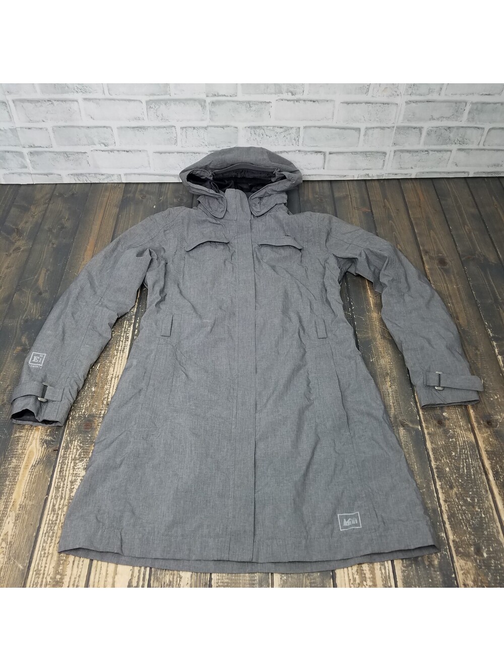REI E1 Elements Full Zip Detachable Hood Trench Coat Rain Jacket Women’s S GRAY